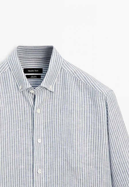 Massimo Dutti 100% Linen Striped Shirt Sky Blue / White