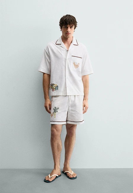 Zara Embroidered Bowling Shirt Rio de Janeiro Limited Edition Ecru