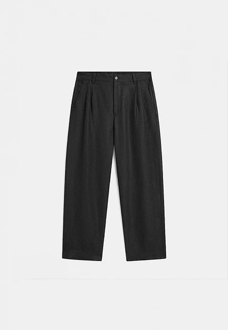 Massimo Dutti 100% Linen Trousers with Double Darts Black