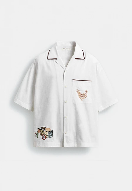 Zara Embroidered Bowling Shirt Rio de Janeiro Limited Edition Ecru