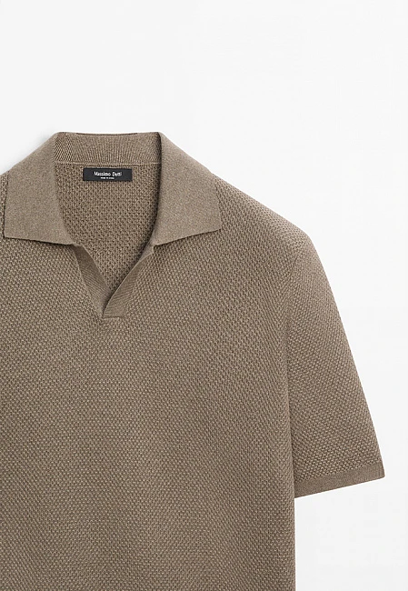 Massimo Dutti Cotton Blend Knit V-Neck Polo Shirt Taupe / Sand