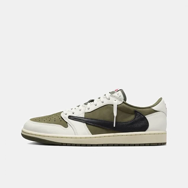 картинка Travis Scott x Air Jordan 1 Low Medium Olive магазин Одежда+ являющийся официальным дистрибьютором в России 