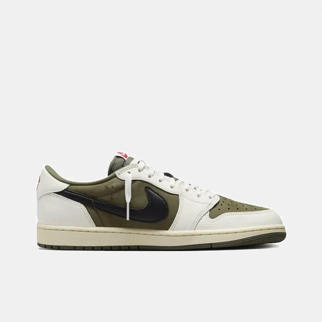картинка Travis Scott x Air Jordan 1 Low Medium Olive магазин Одежда+ являющийся официальным дистрибьютором в России 