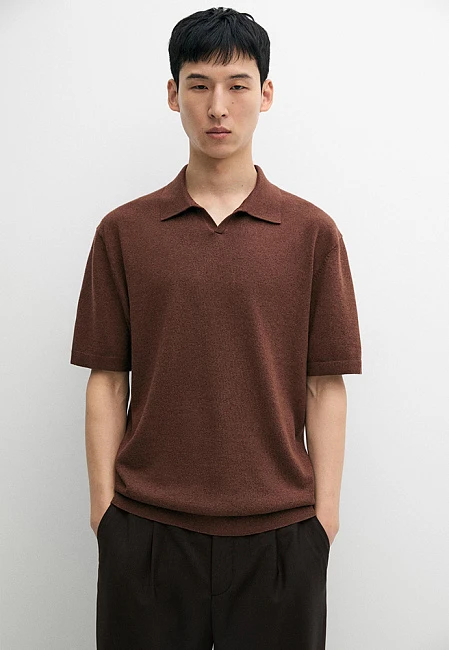Massimo Dutti Linen Blend Knit Polo Sweater Brown Melange