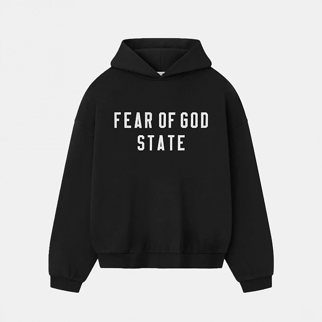 картинка Fear Of God Essentials 90's Fit Fleece Hoodie Jet Black магазин Одежда+ являющийся официальным дистрибьютором в России 