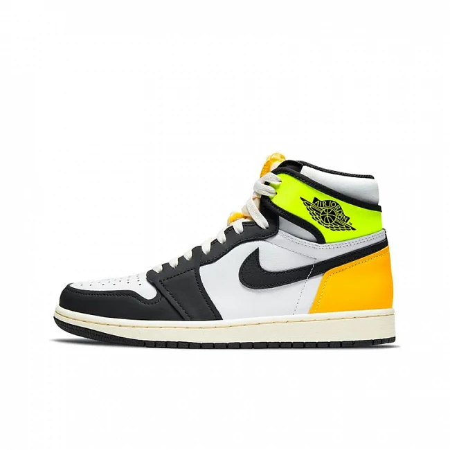 картинка Nike Air Jordan 1 Retro High White Black "Volt University Gold" магазин Одежда+ являющийся официальным дистрибьютором в России 