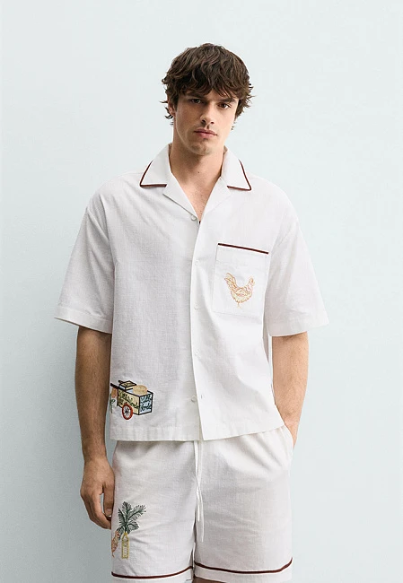 Zara Embroidered Bowling Shirt Rio de Janeiro Limited Edition Ecru