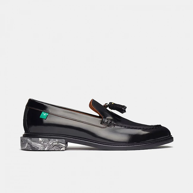 Off-White Tassel Loafer Black Shiny Leather With Marble Effect Heel