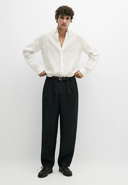 Massimo Dutti 100% Linen Trousers with Double Darts Black
