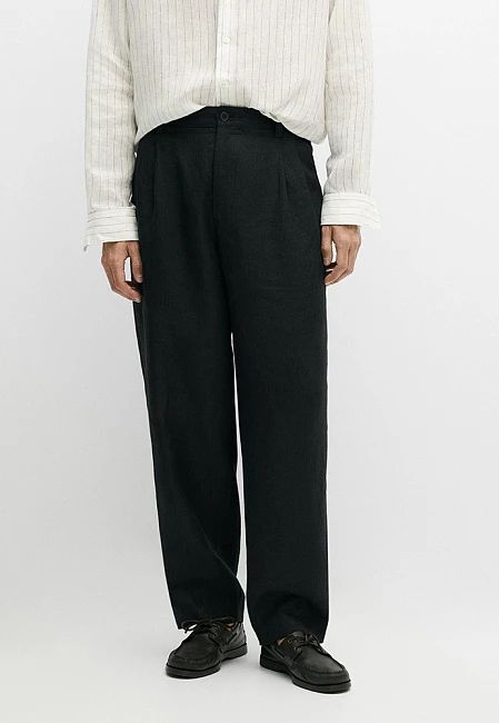 Massimo Dutti 100% Linen Trousers with Double Darts Black