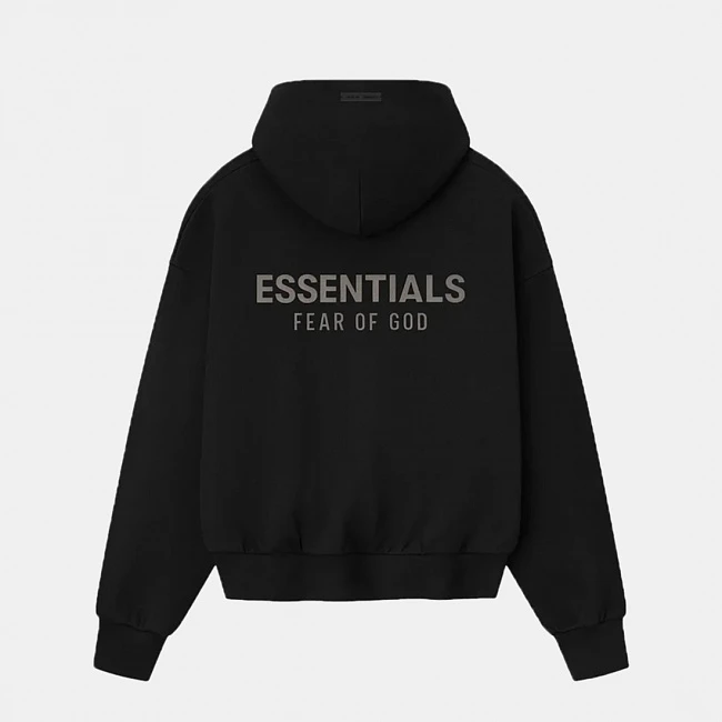 картинка Fear of God Essential Logo Classic Fit Fleece Hoodie Jet Black магазин Одежда+ являющийся официальным дистрибьютором в России 