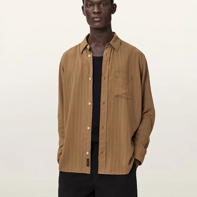 AllSaints Carlyle Long Sleeve Oversized Shirt Borg Brown