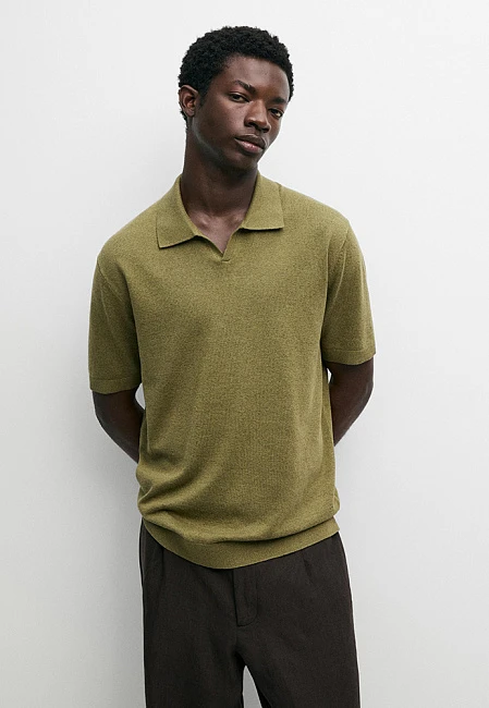 Massimo Dutti Cotton Blend Knit V-Neck Polo Shirt Olive Green