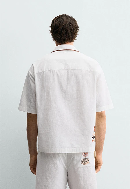 Zara Embroidered Bowling Shirt Rio de Janeiro Limited Edition Ecru