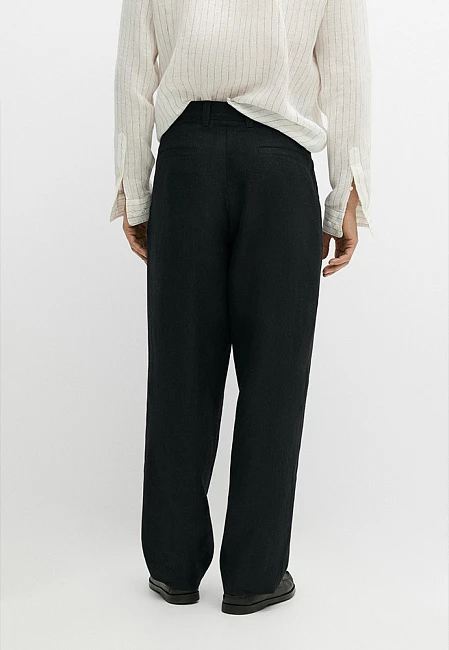 Massimo Dutti 100% Linen Trousers with Double Darts Black