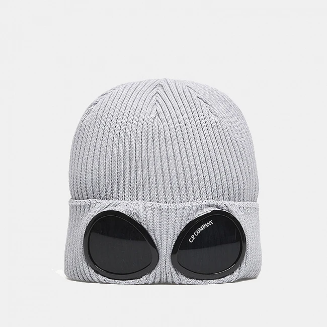 C.P. Company Goggle Detail Ribbed Wool Beanie Hat Light Grey