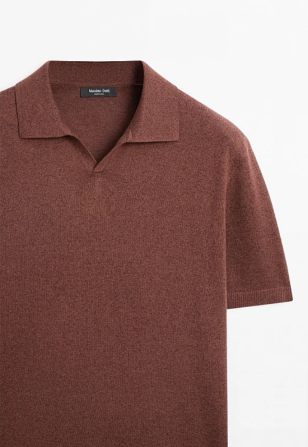 Massimo Dutti Linen Blend Knit Polo Sweater Brown Melange