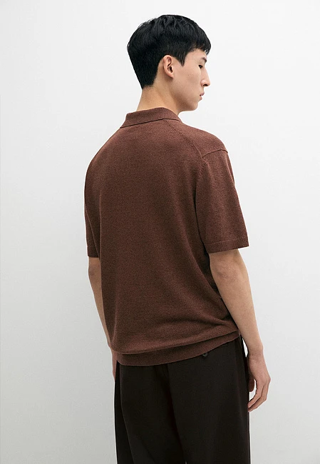 Massimo Dutti Linen Blend Knit Polo Sweater Brown Melange