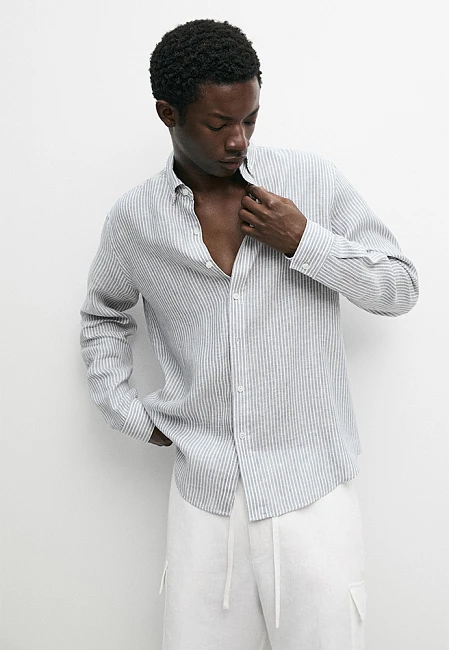 Massimo Dutti 100% Linen Striped Shirt Sky Blue / White