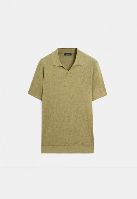 Massimo Dutti Cotton Blend Knit V-Neck Polo Shirt Olive Green