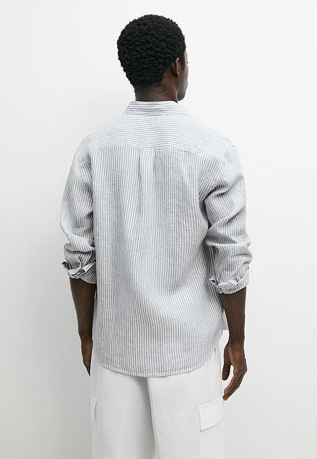 Massimo Dutti 100% Linen Striped Shirt Sky Blue / White