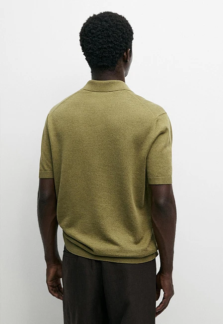 Massimo Dutti Cotton Blend Knit V-Neck Polo Shirt Olive Green