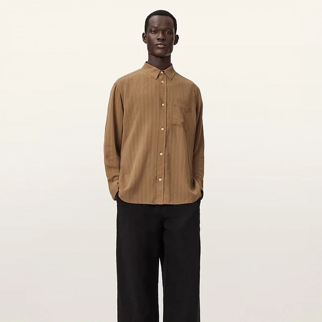 AllSaints Carlyle Long Sleeve Oversized Shirt Borg Brown