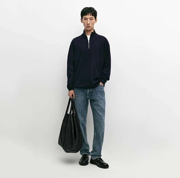 Massimo Dutti Mock Neck Knit Sweater with Zip Navy Blue
