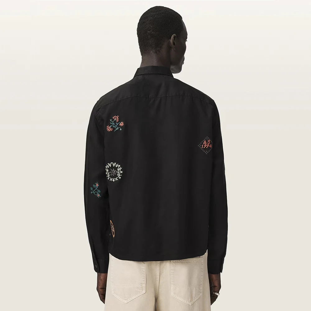 AllSaints Laurel Long Sleeve Embroidered Zip Up Shirt