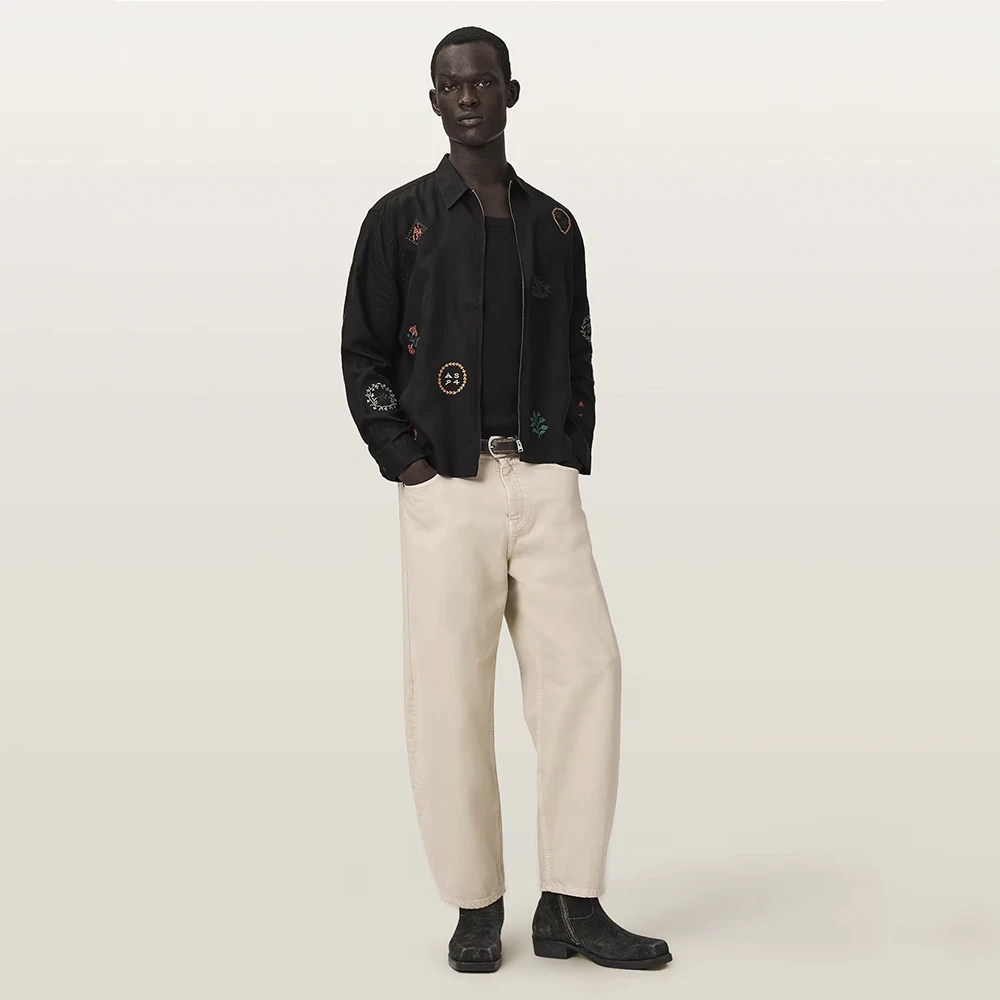 AllSaints Laurel Long Sleeve Embroidered Zip Up Shirt