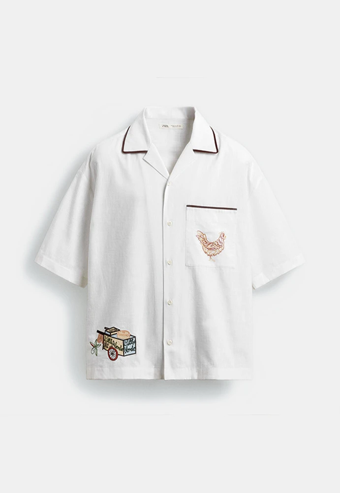 Zara Embroidered Bowling Shirt Rio de Janeiro Limited Edition Ecru