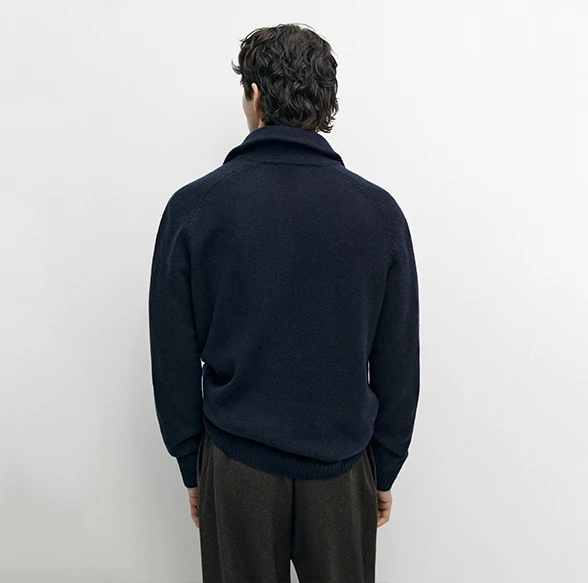 Massimo Dutti Wool Blend Zip-Up Knit Cardigan Navy Blue