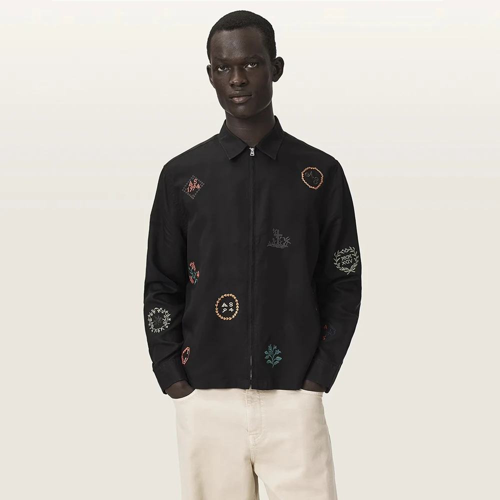 AllSaints Laurel Long Sleeve Embroidered Zip Up Shirt