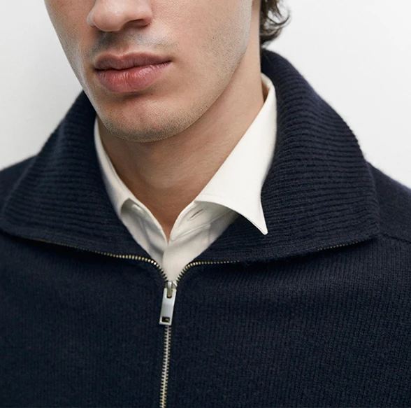 Massimo Dutti Wool Blend Zip-Up Knit Cardigan Navy Blue