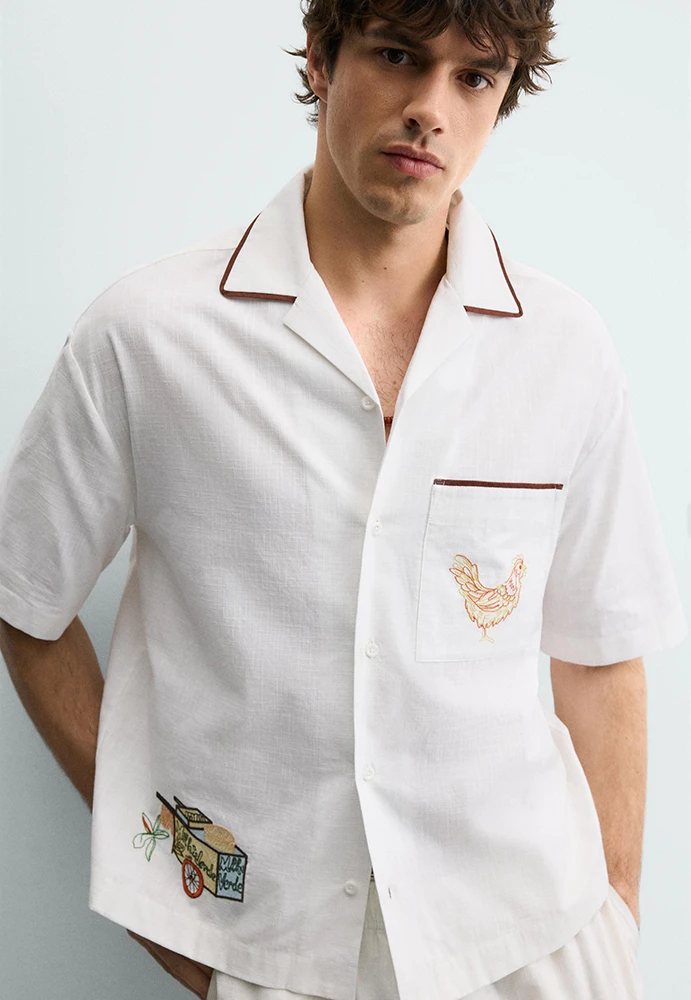Zara Embroidered Bowling Shirt Rio de Janeiro Limited Edition Ecru