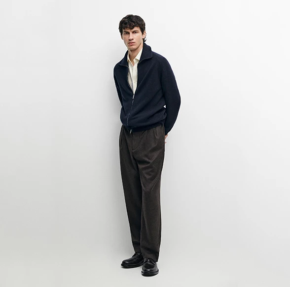 Massimo Dutti Wool Blend Zip-Up Knit Cardigan Navy Blue
