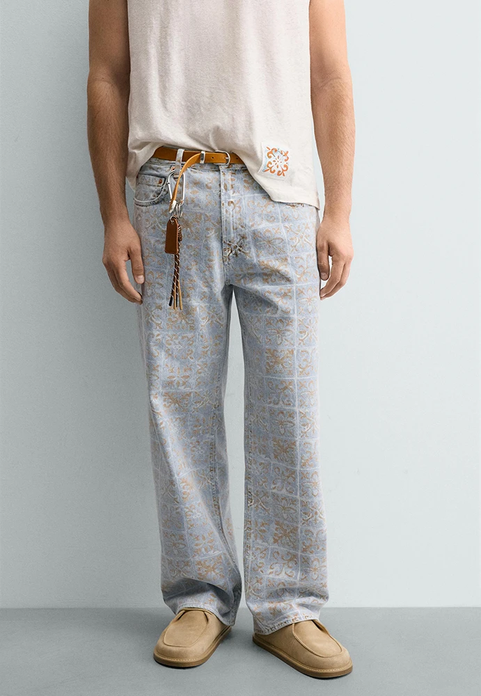 Zara Geometric Print Relaxed Fit Jeans Limited Edition Rio de Janeiro