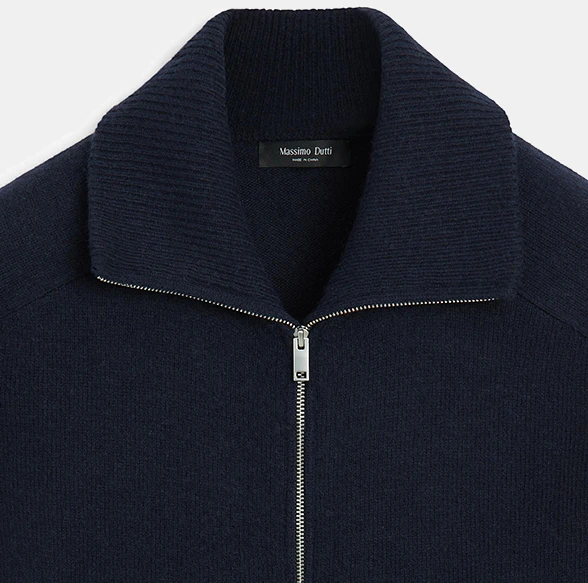 Massimo Dutti Wool Blend Zip-Up Knit Cardigan Navy Blue