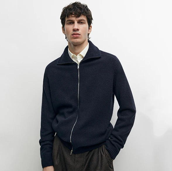 Massimo Dutti Wool Blend Zip-Up Knit Cardigan Navy Blue