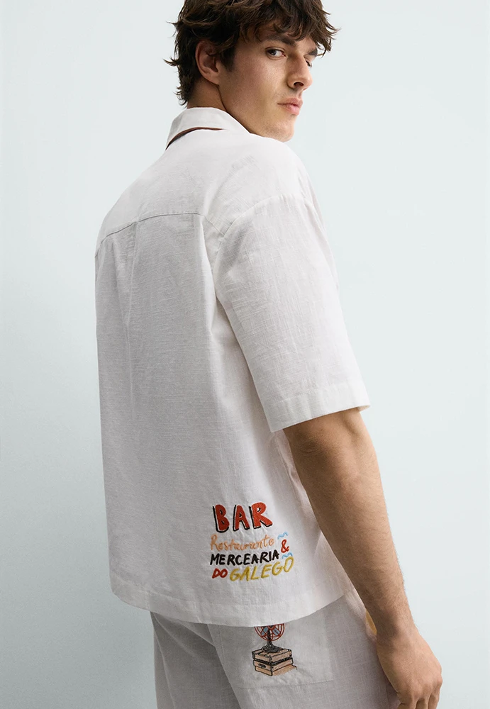 Zara Embroidered Bowling Shirt Rio de Janeiro Limited Edition Ecru