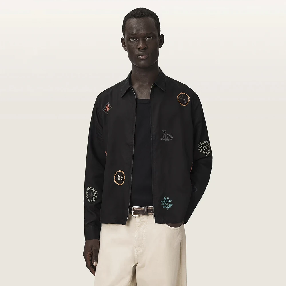 AllSaints Laurel Long Sleeve Embroidered Zip Up Shirt