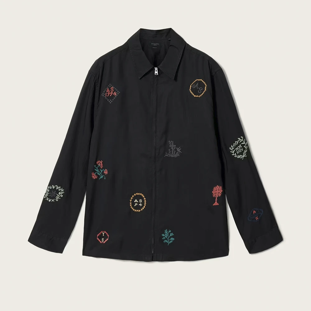 AllSaints Laurel Long Sleeve Embroidered Zip Up Shirt